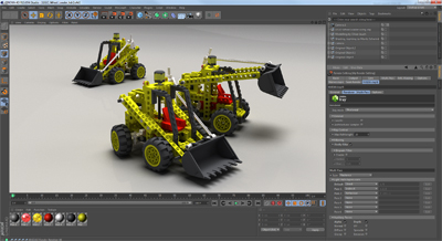 Three yellow toy construction vehicles with black buckets are rendered in a 3D modeling software interface.