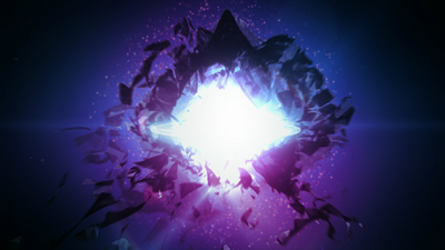 Bright white light bursting through dark, jagged purple and blue shards against a dark background.