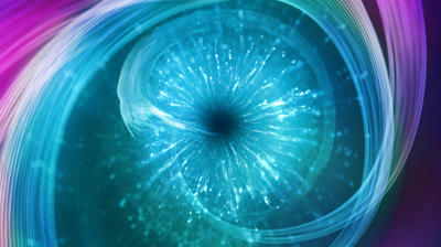 Swirling blue and pink light trails forming a glowing, circular vortex effect.