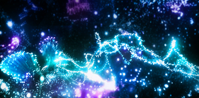 Glowing blue and purple light particles forming flowing, wavy lines against a dark, cosmic background.