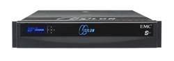 A black EMC Isilon server rack-mounted hardware unit with a blue digital display and logo.