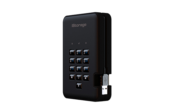 A black iStorage digital keypad security device with a USB drive plugged into the side.