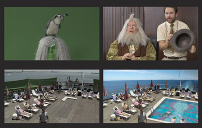 Four panels showing side-by-side comparisons of green screen footage and final composited film shots.