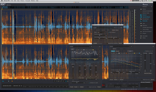 A software interface showing colorful audio spectrograms and frequency analysis graphs.