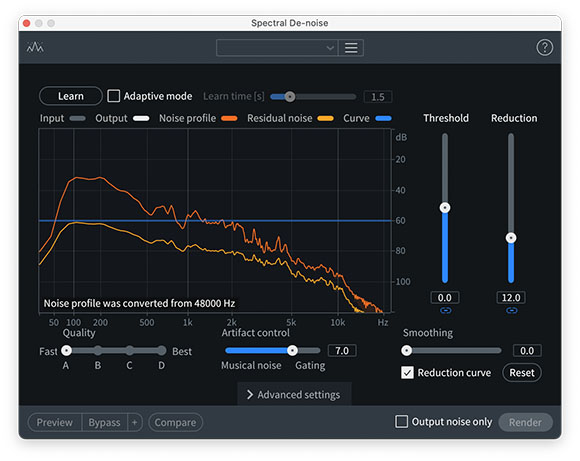 Digital interface for Spectral De-noise showing a waveform, noise profile, and adjustment sliders.