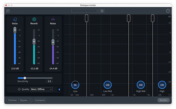 Digital interface showing audio sliders for Voice, Reverb, and Noise with frequency control knobs.