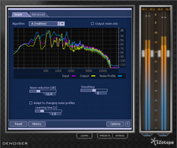 Digital audio workstation interface showing a frequency spectrum graph and volume meters.