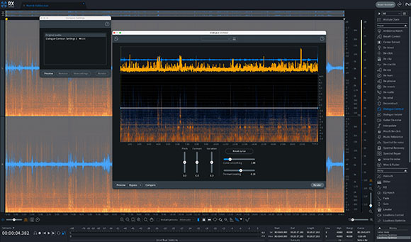 A digital audio workstation interface displaying a complex orange and blue waveform on a dark background.