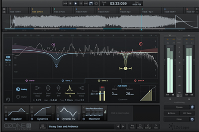A digital audio workstation interface displaying a waveform, frequency spectrum, and various equalizer controls.