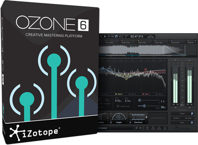 Ozone 6 software box next to its digital audio mastering interface on a dark background.