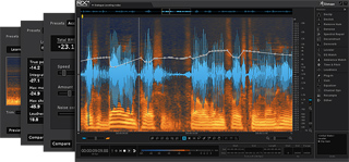 Digital audio workstation interface displaying a blue waveform over an orange spectrogram.