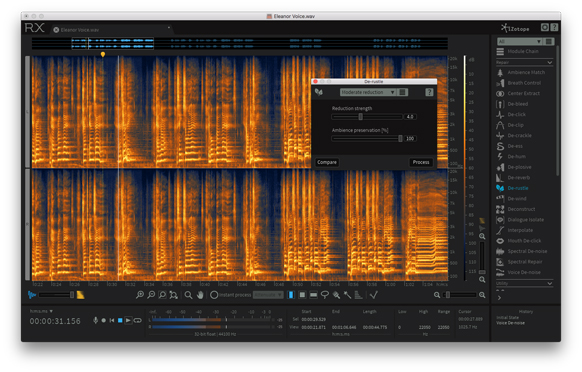 A digital audio workstation interface displaying a colorful spectrogram and a De-rustle processing window.