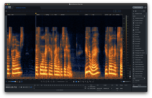 Software interface showing a colorful orange and blue audio spectrogram with waveform data.