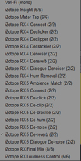 A vertical list of various iZotope RX audio plugin modules and their channel configurations.