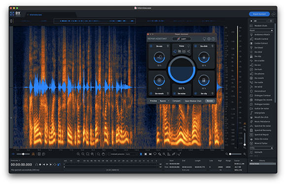 A digital audio workstation displaying a colorful spectrogram and various audio repair tool modules.