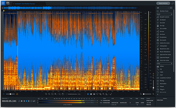 Digital audio workstation interface displaying a colorful blue and orange spectrogram of sound waves.