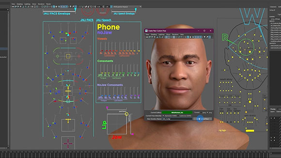 A computer screen displaying facial animation software with technical diagrams and a 3D rendered human head.