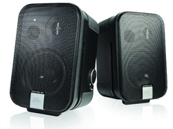 Two black JBL bookshelf speakers positioned side by side against a white background.