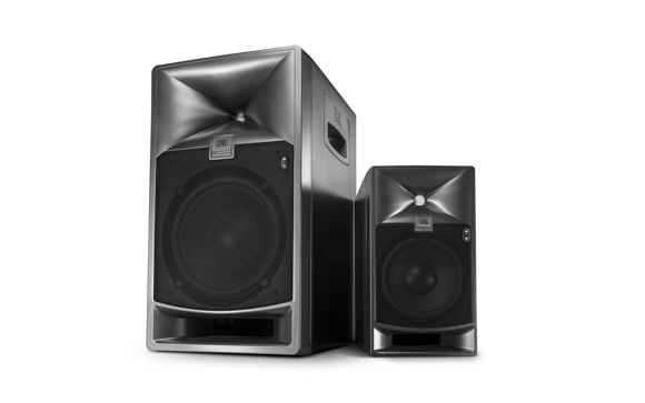 A large black JBL studio monitor next to a smaller version of the same model on a white background.