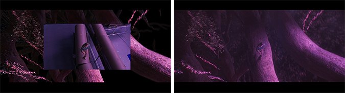 Two panels showing a small blue creature on a tree trunk in a dark, purple-lit forest setting.
