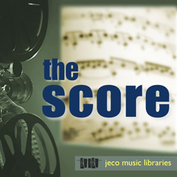 Logo for 'the score' by jeco music libraries over film reels and blurred sheet music.