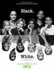 Black and white poster showing portraits of people above the word Black and below the word White.