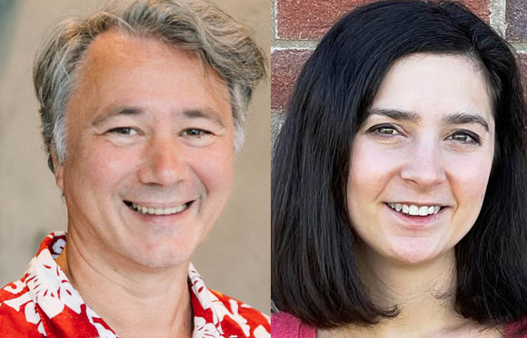 A smiling man in a red floral shirt next to a smiling woman with dark hair.