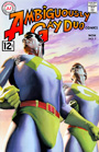 Two muscular men in blue and green superhero costumes standing against a sunset sky.