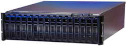 A black rack-mounted server with a row of vertical drive bays along the front panel.