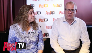 A woman with curly hair and a man in a light shirt sit before a Post TV logo backdrop.