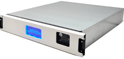 Silver rack-mount server with a blue glowing logo and front-facing USB and power ports.
