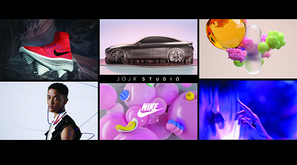 A grid of six images featuring a red sneaker, a dark car, abstract 3D shapes, a person, pink spheres, and blue light.