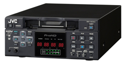 A black JVC ProHD HDV device with various control buttons and a red digital display.