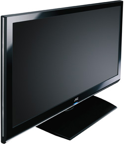 A black JVC flat-screen television on a rectangular base against a white background.