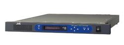 A black JVC electronic device with a blue front panel and a digital display.