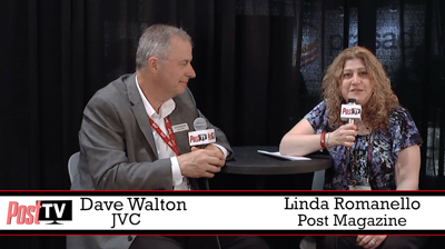 Dave Walton and Linda Romanello sit at a table with microphones during a Post TV interview.