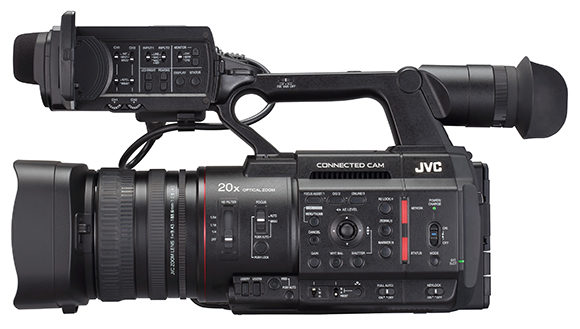 A black JVC professional video camera with a large lens, zoom controls, and an attached viewfinder.