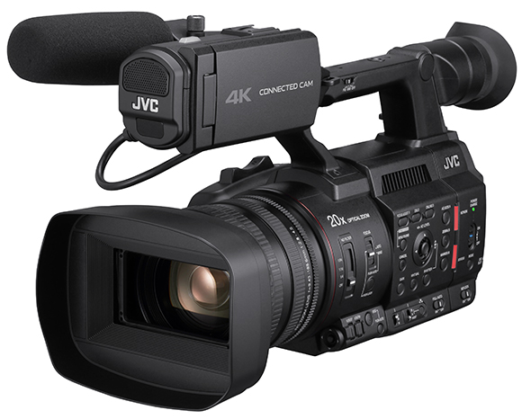 A black JVC 4K Connected Cam professional video camera with a large lens and microphone.