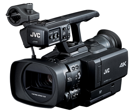 A black JVC 4K professional video camcorder with a large lens and top handle.