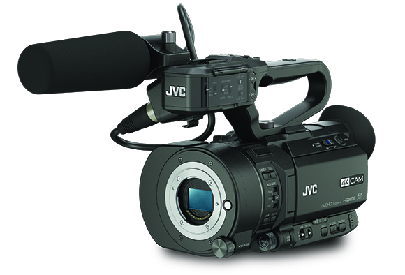 A black JVC 4K professional video camera equipped with a large shotgun microphone and a top handle.