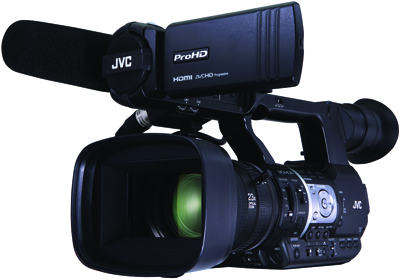 A professional black JVC ProHD video camera with a large lens and microphone.