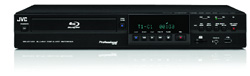A black JVC Blu-ray player with a digital display and various control buttons on the front panel.