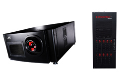 A black JVC projector next to a black rectangular electronic device with red accents.