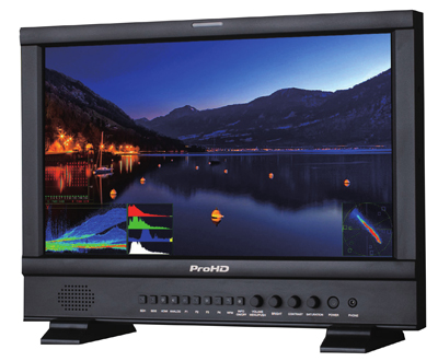 A black ProHD monitor displaying a twilight mountain lake landscape with digital data overlays.