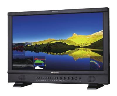 A black ProHD monitor displaying a bright landscape of green mountains and a blue lake.