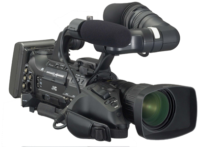 A black JVC professional video camera with a large lens and a top-mounted microphone.