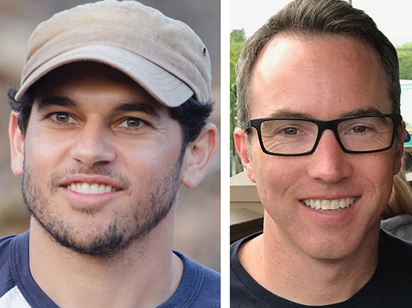Two close-up portraits of smiling men, one wearing a tan cap and the other wearing black-rimmed glasses.
