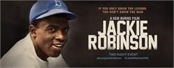 A portrait of Jackie Robinson in a blue baseball cap next to film title text.