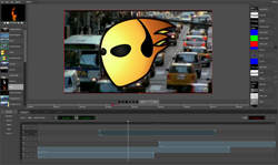 Video editing software interface showing a busy street scene with a large yellow flame graphic overlay.