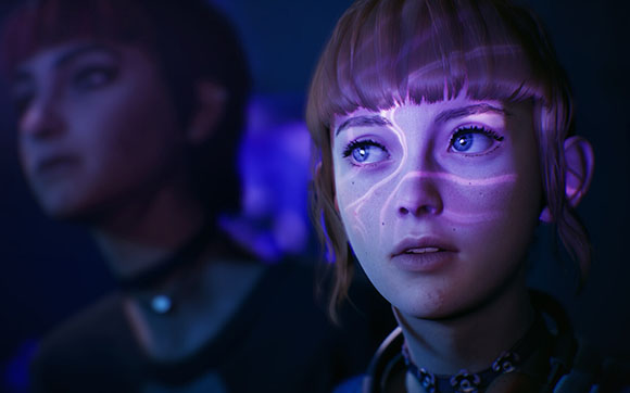 A young woman with light hair and blue eyes looks upward, illuminated by purple light patterns.